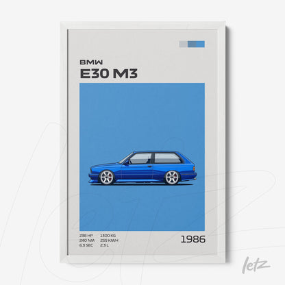 framed art print of the BMW E30 M3 with a light blue background and white frame