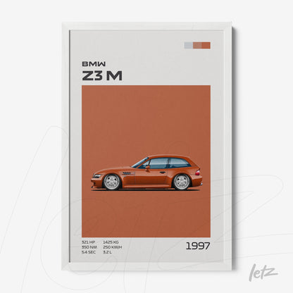 framed artwork featuring a bmw z3 m car illustration on terracotta background with white frame