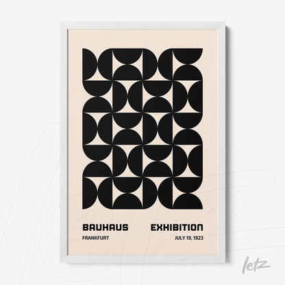 poster featuring black geometric design on a light background with a white frame