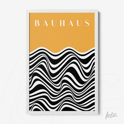 framed artwork featuring black and white abstract waves on a yellow background with bauhaus text in white frame