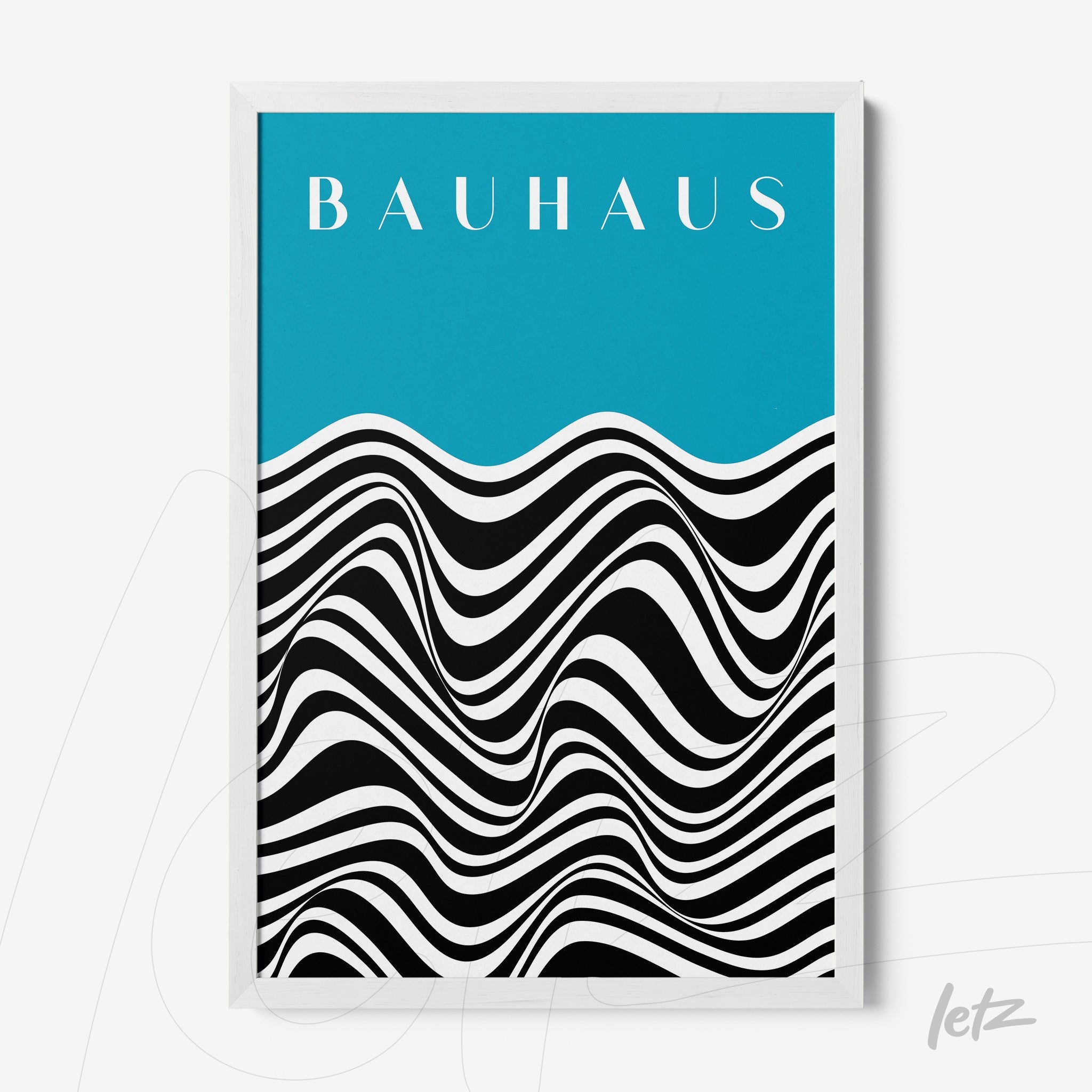 framed abstract art with black and white wave pattern on blue background and white frame