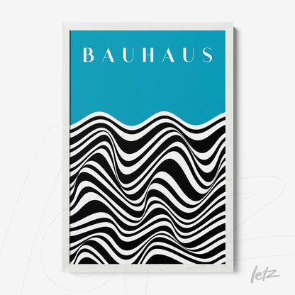 framed abstract art with black and white wave pattern on blue background and white frame