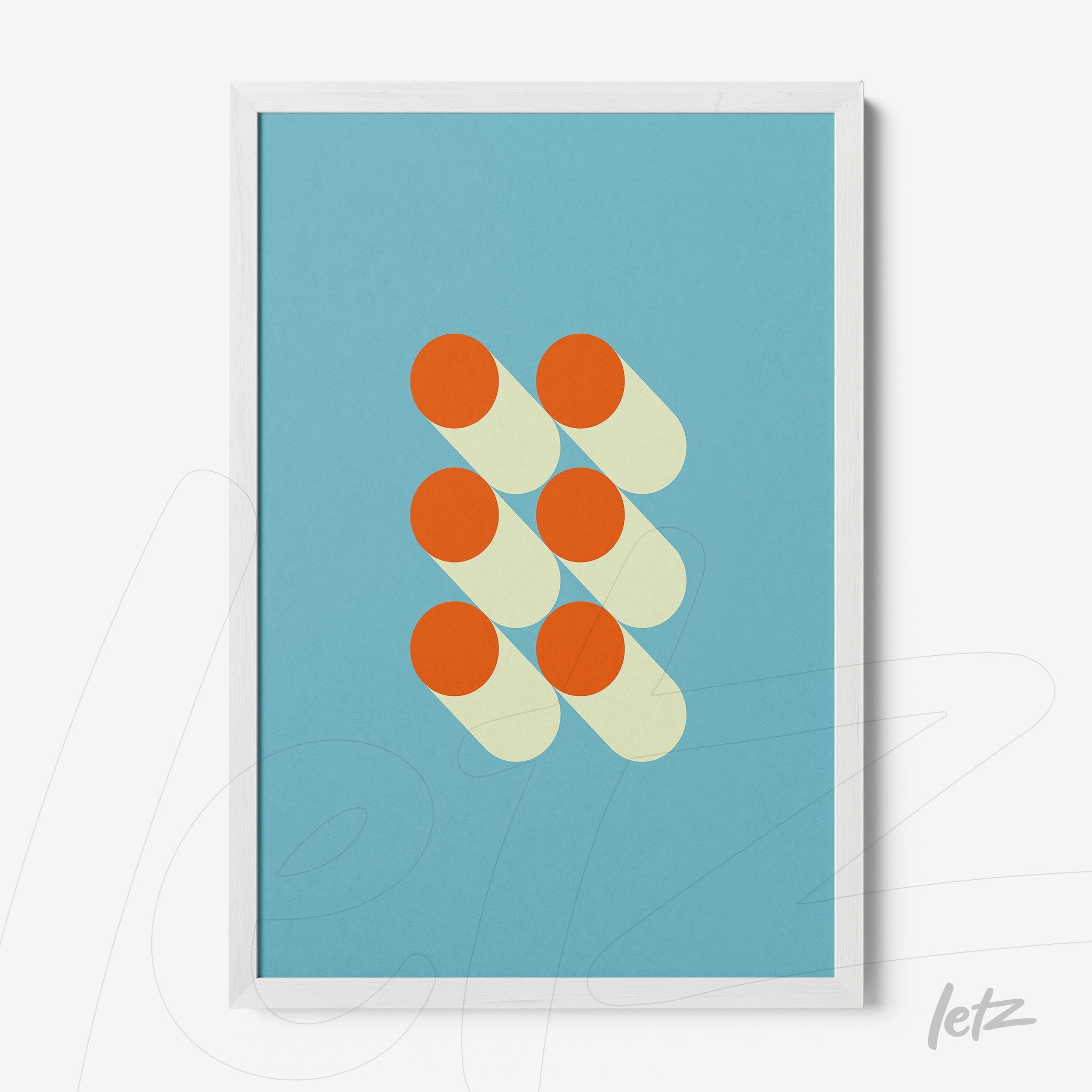 canvas featuring geometric art with orange circles on a blue background framed in white