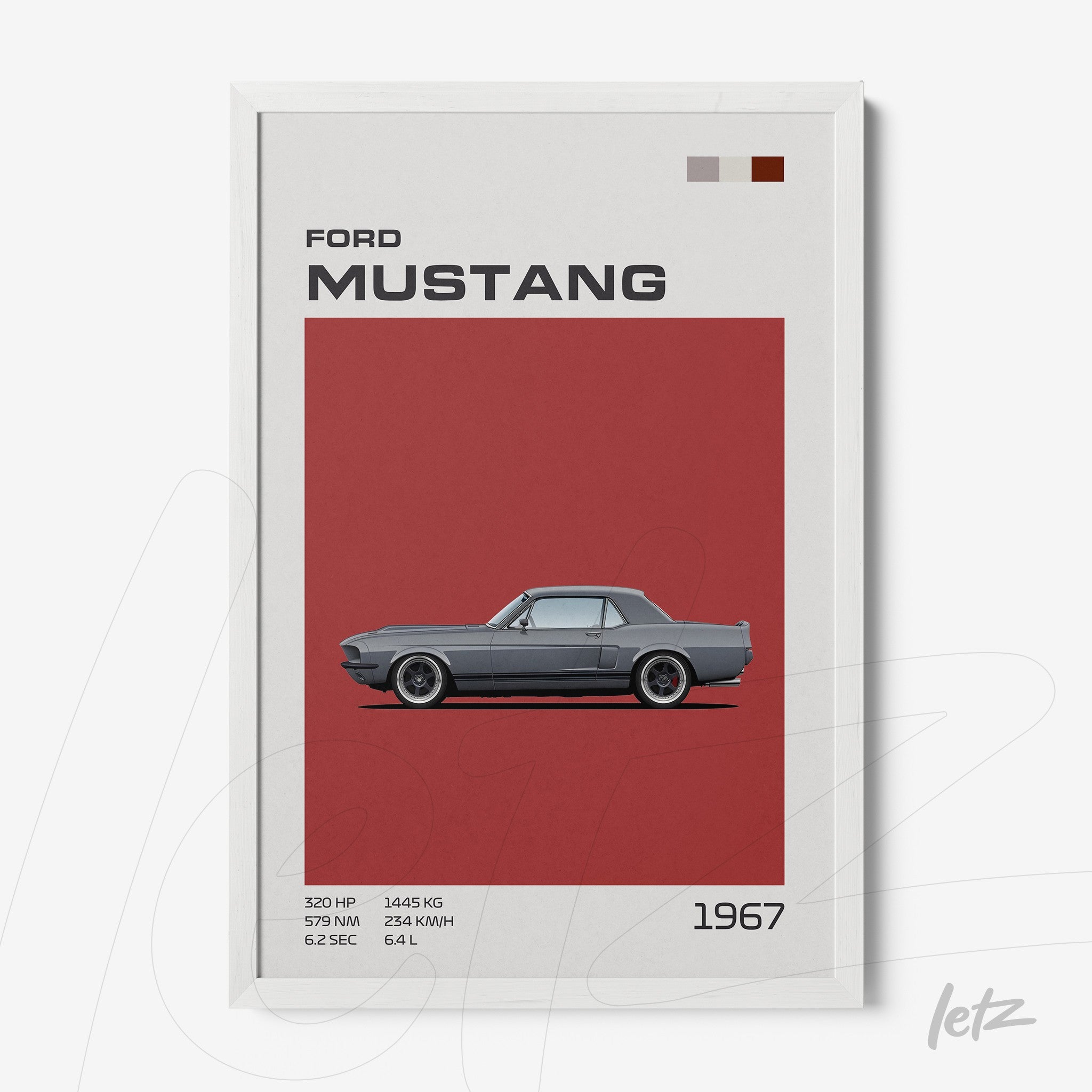 framed digital artwork of 1967 Ford Mustang with white frame and red background