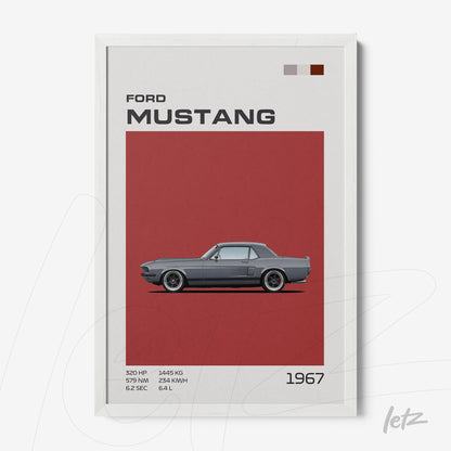 framed digital artwork of 1967 Ford Mustang with white frame and red background