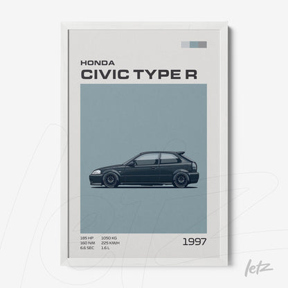 framed artwork of the 1997 Honda Civic Type R with technical specifications on a light blue background