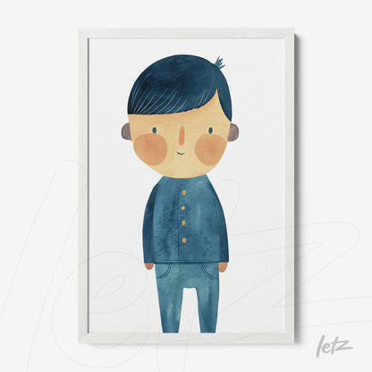 framed artwork featuring a colorful illustration of a boy with short hair wearing a blue shirt in white frame