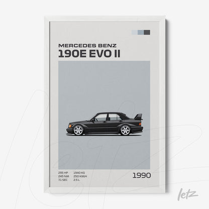 framed artwork featuring the Mercedes Benz 190E EVO II in a white frame