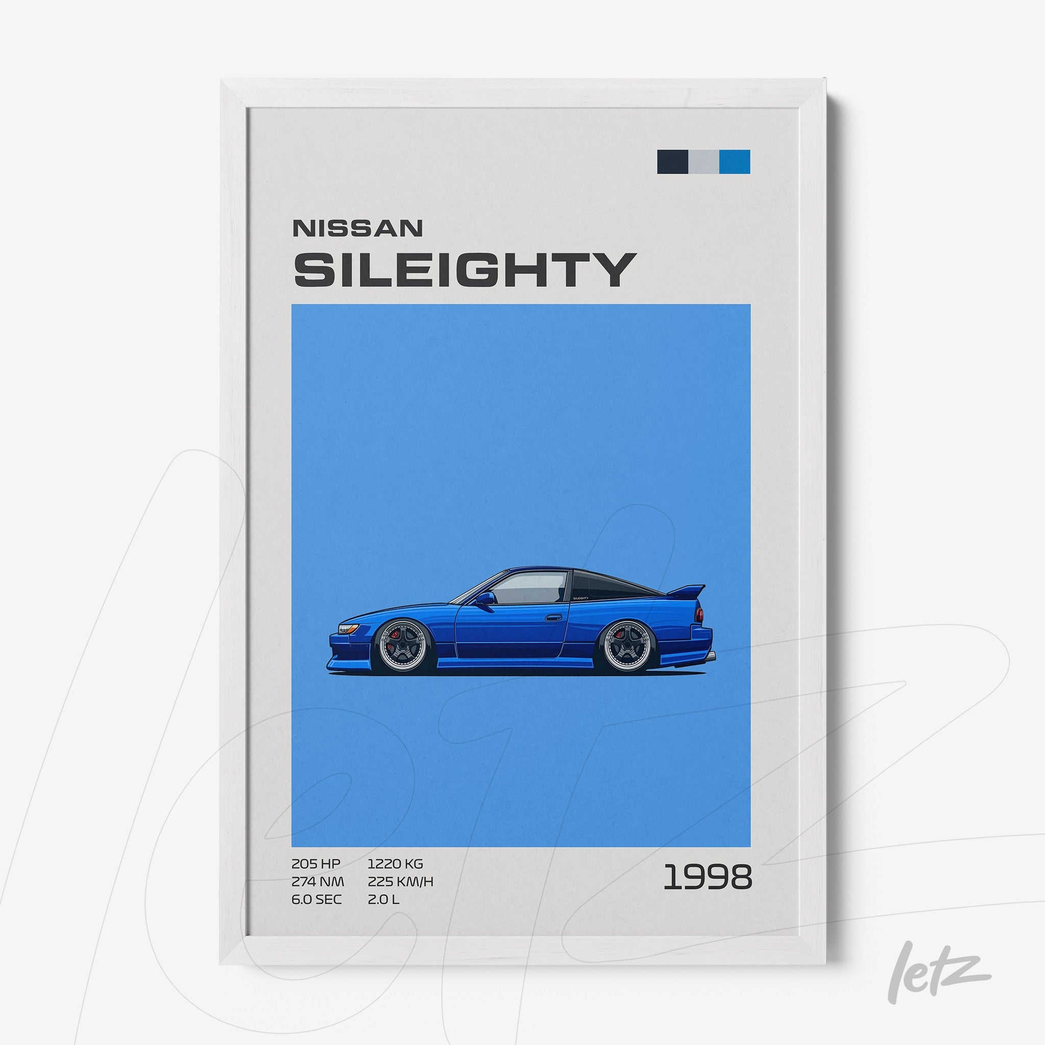 framed artwork featuring a minimalistic graphic illustration of the Nissan Sil80 car against a blue background