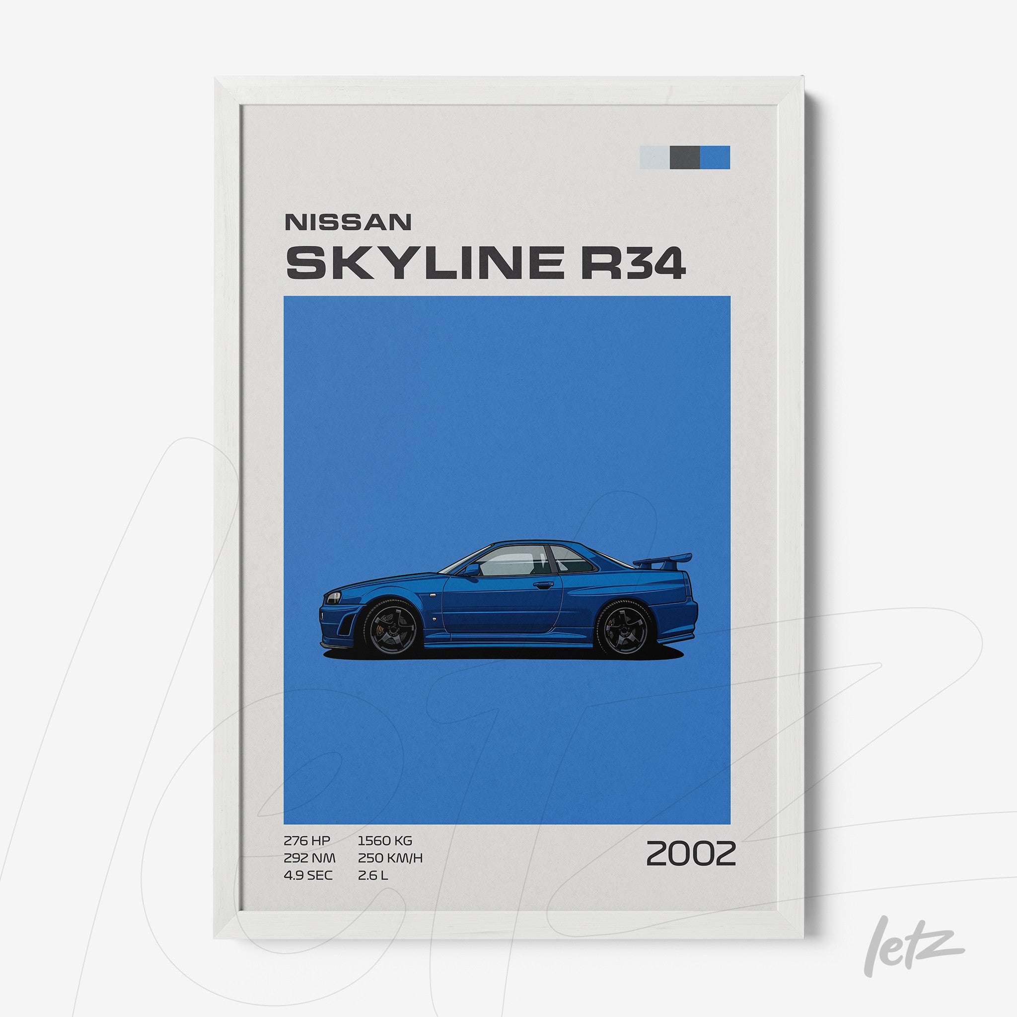 framed minimalist art of Nissan Skyline R34 on blue background with white frame
