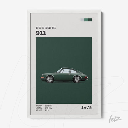 framed wall art featuring a classic Porsche 911 illustration against a dark green background with white frame