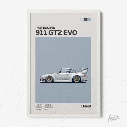 framed artwork of Porsche 911 GT2 EVO sports car in white frame with light blue background and minimalist text description