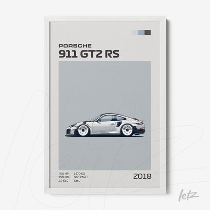 framed illustration of a Porsche 911 GT2 RS in white frame with gray background