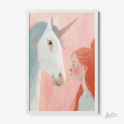 framed illustration of a girl with orange hair facing a white unicorn with a pink horn, set against a soft pink background