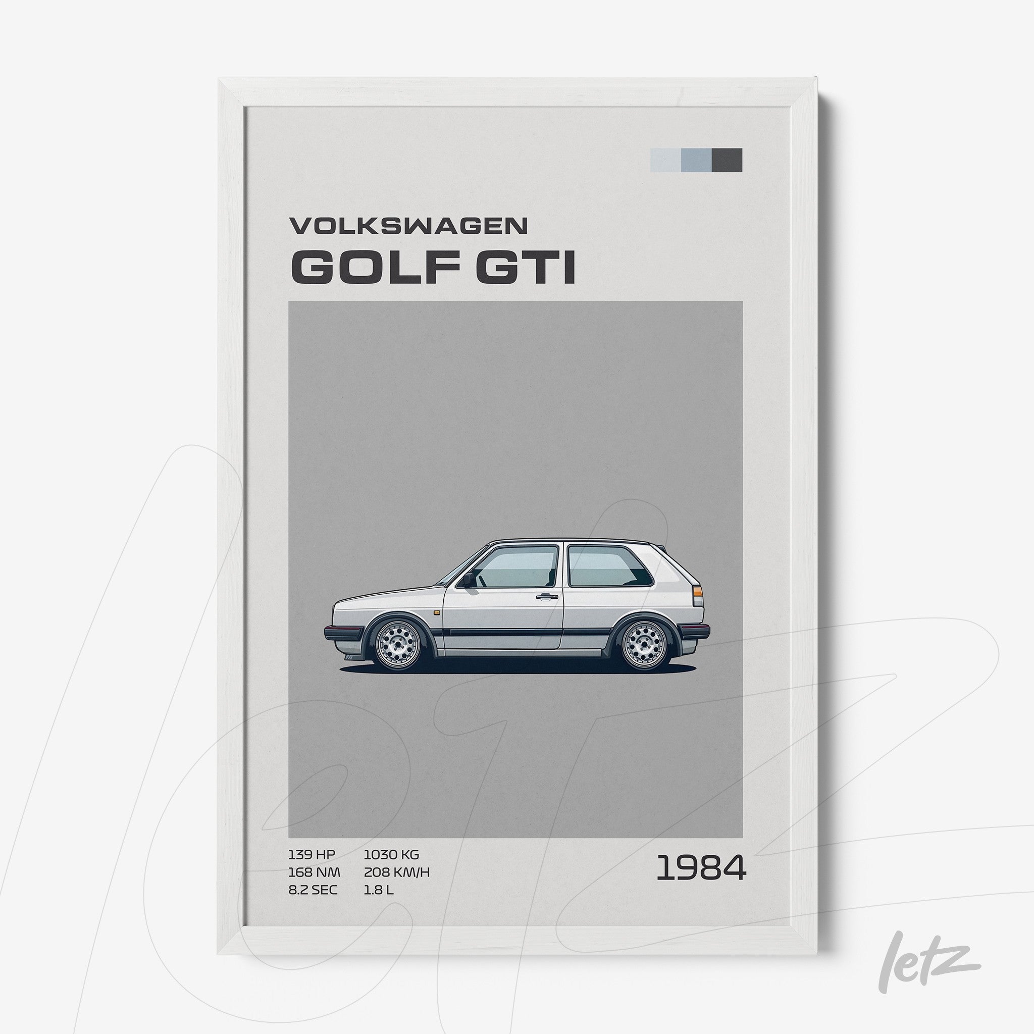 framed minimalist illustration of a 1984 Volkswagen Golf GTI in white frame