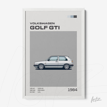 framed minimalist illustration of a 1984 Volkswagen Golf GTI in white frame