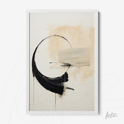 framed abstract art featuring neutral tones, highlighting a black circular shape and a white rectangular shape