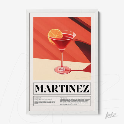 framed artwork of martinez cocktail with a white frame and warm toned background