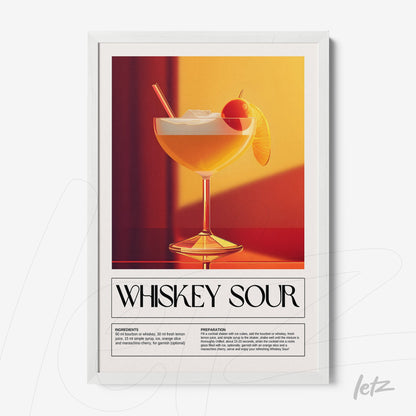 decorative wall art featuring an illustration of whiskey sour cocktail in a white frame with vibrant yellow background