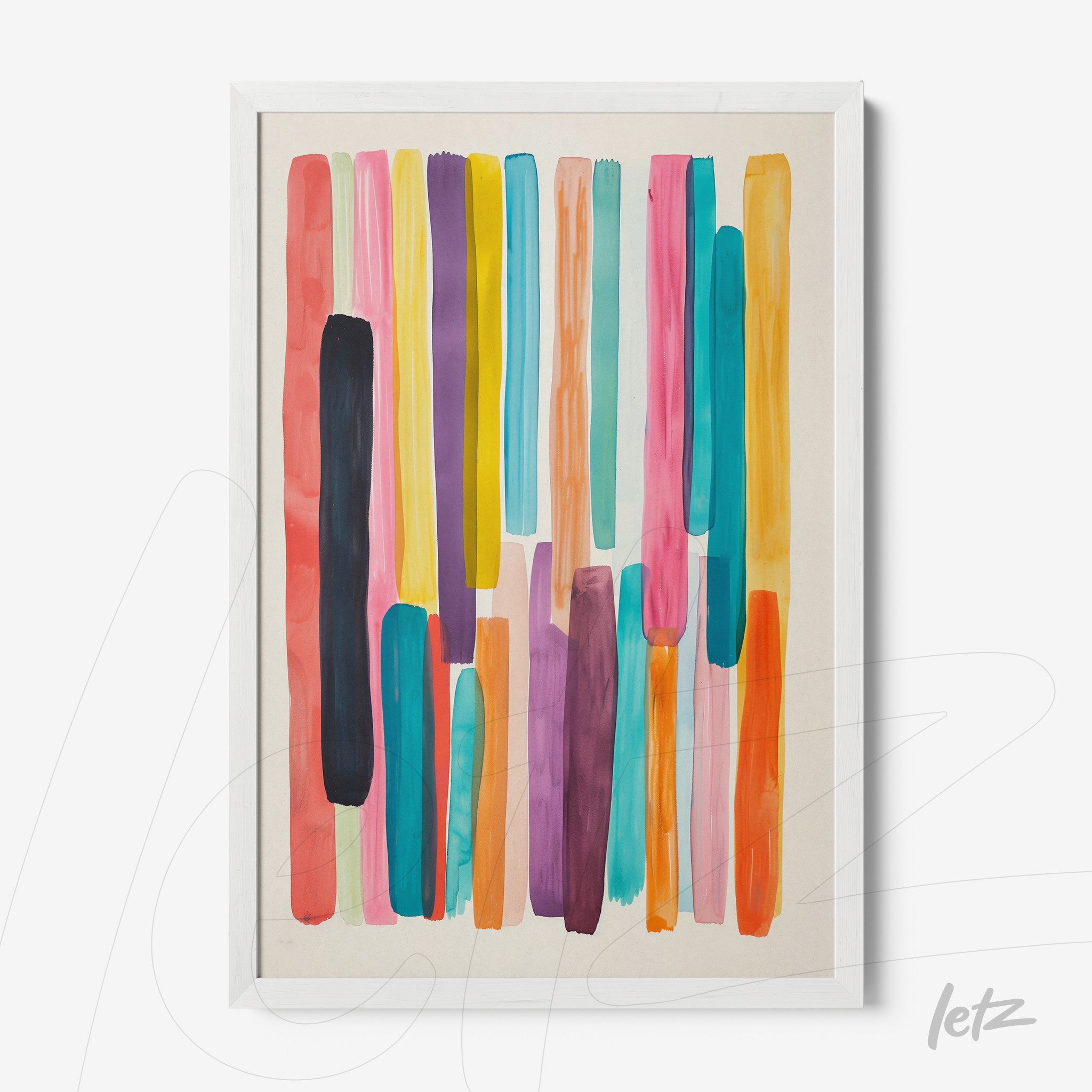 framed abstract art piece featuring vibrant colors like blue, pink, and orange
