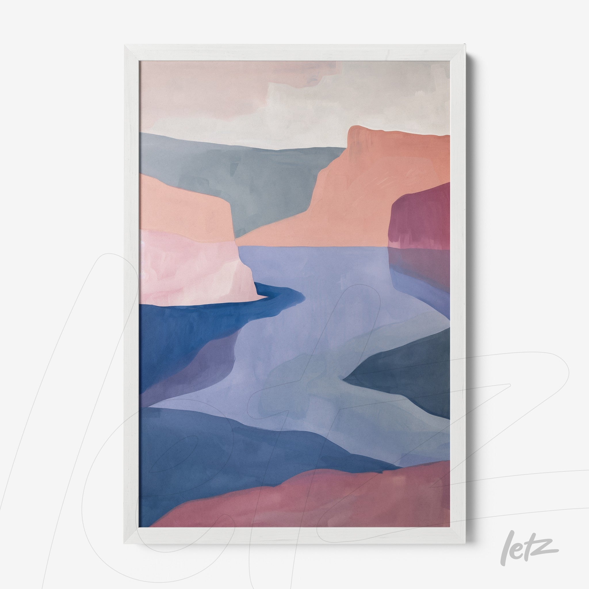 framed abstract art piece in pastel shades depicting mountains and river with white frame