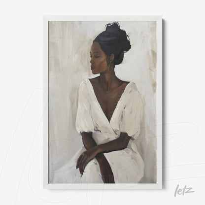 framed artwork featuring a portrait of a black woman in a white dress against a neutral background