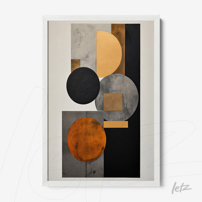 geometric wall art featuring black, orange, and gray circles in a white frame