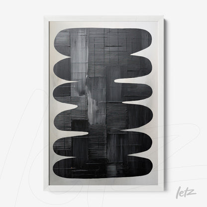 abstract wall art featuring organic shapes in black tones on a light background, white frame