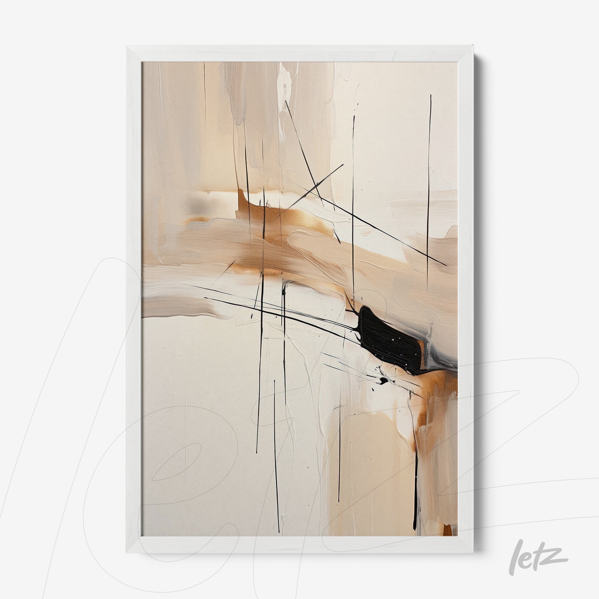 abstract wall art in neutral tones with black lines framed in white