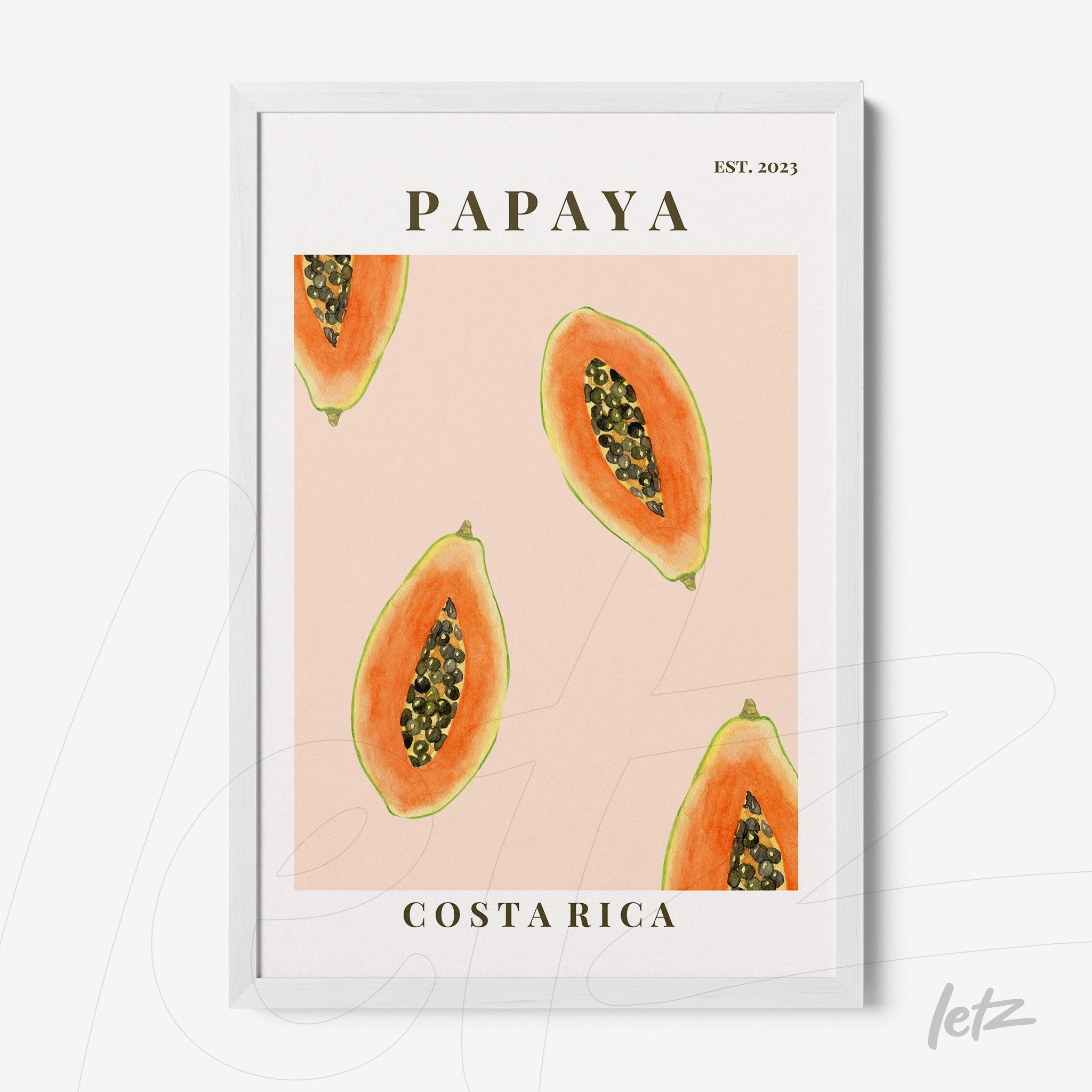 framed illustration of papaya slices on pink background with white frame featuring 'PAPAYA' text above and 'COSTA RICA' below