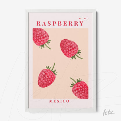 framed art featuring raspberries on a pink background with white frame