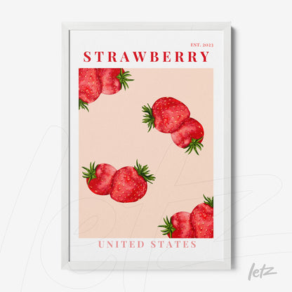 framed art featuring illustrations of strawberries on a light pink background with white frame