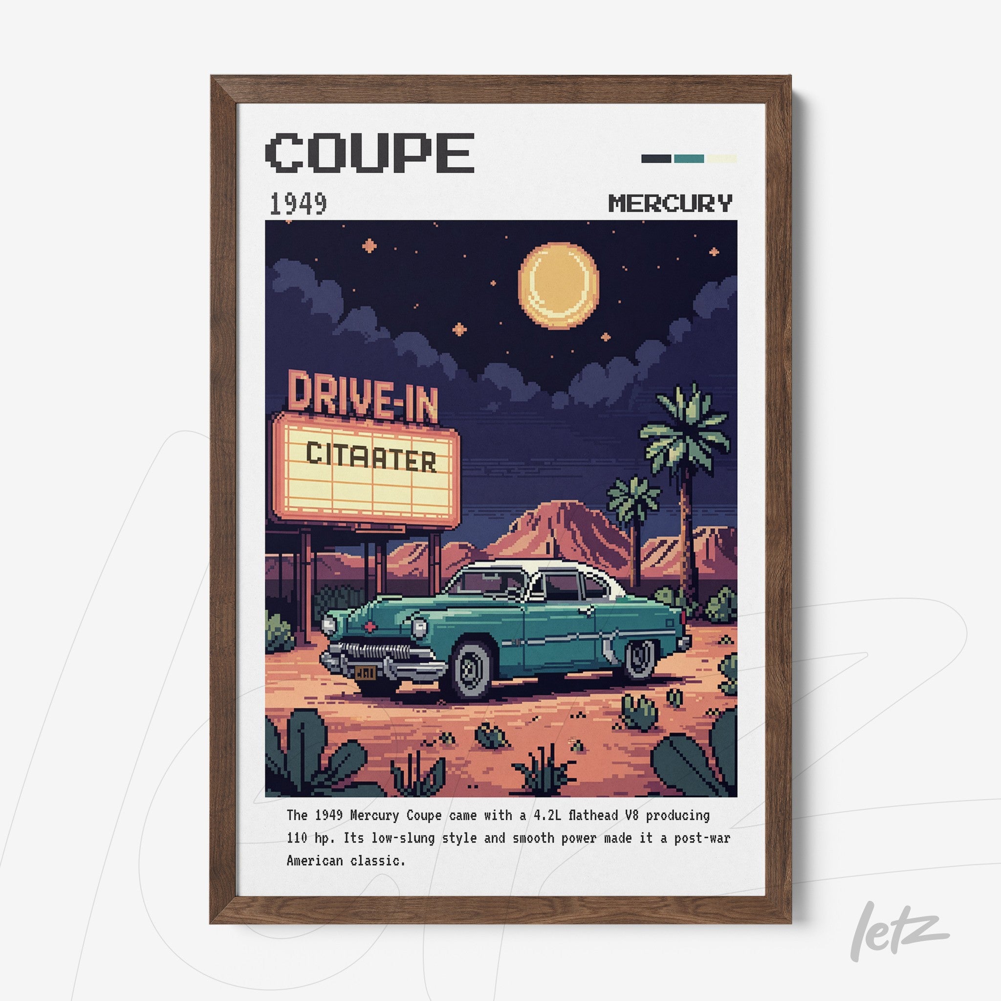 retro style framed art of a mercury coupe car in a drive-in scene with wooden frame
