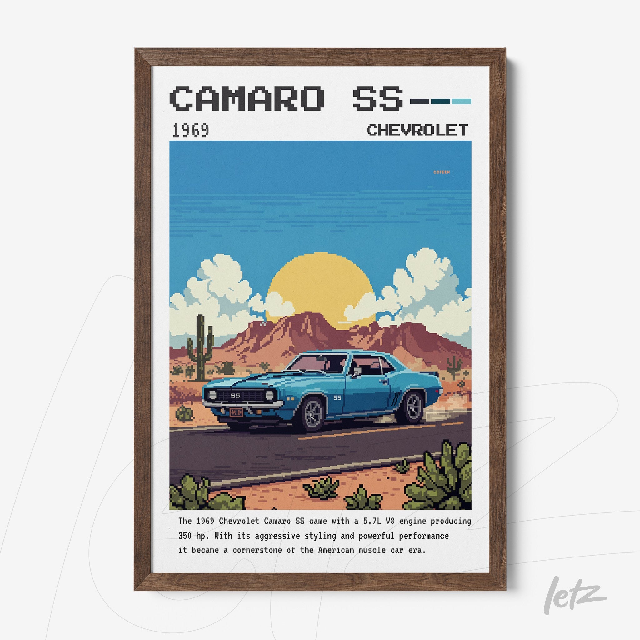 retro illustration of 1969 Camaro SS car framed with dark wood frame
