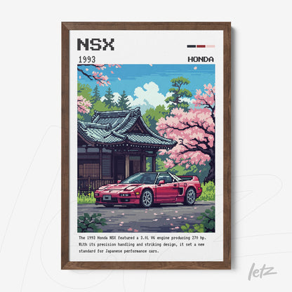 pixel art wall decoration of Honda NSX in Japanese scenery with cherry blossom trees, framed in wooden frame