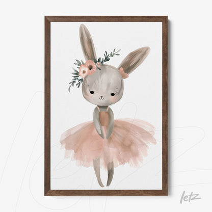 framed wall art featuring a cute bunny wearing a pink tutu and floral headpiece with a dark wood frame