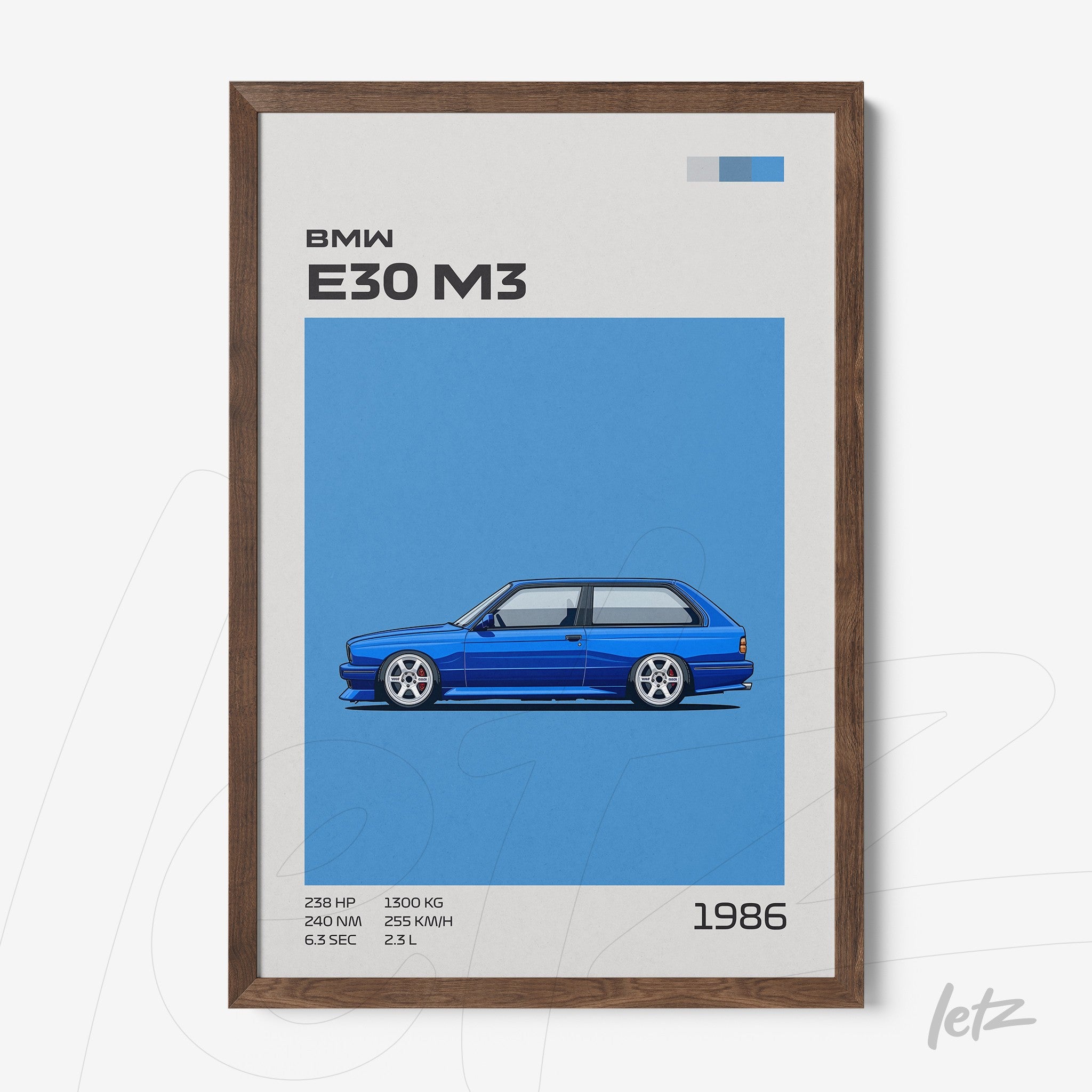 framed artwork of the BMW E30 M3 car illustration on a blue background with dark wood frame