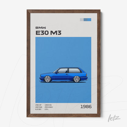 framed artwork of the BMW E30 M3 car illustration on a blue background with dark wood frame