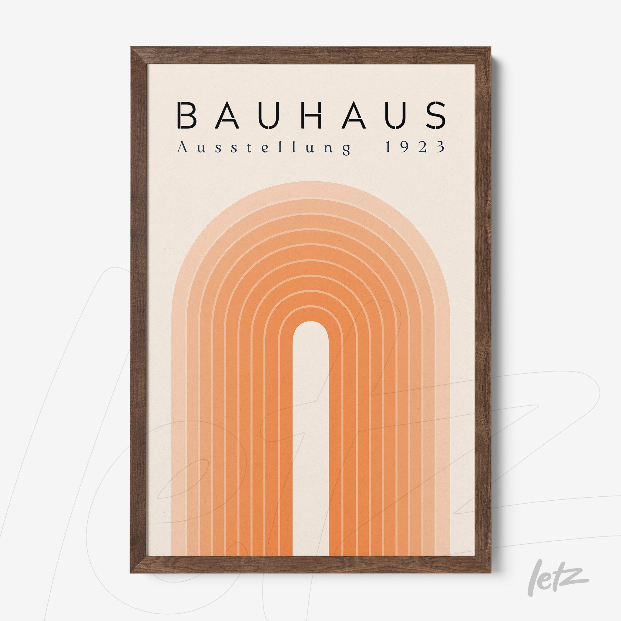 poster print with Bauhaus style geometric art, text 'Ausstellung 1923' and dark wood frame