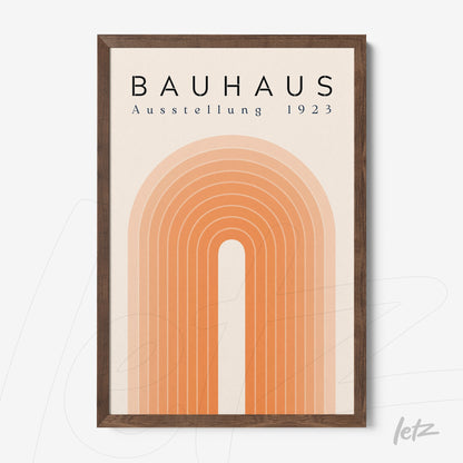 poster print with Bauhaus style geometric art, text 'Ausstellung 1923' and dark wood frame