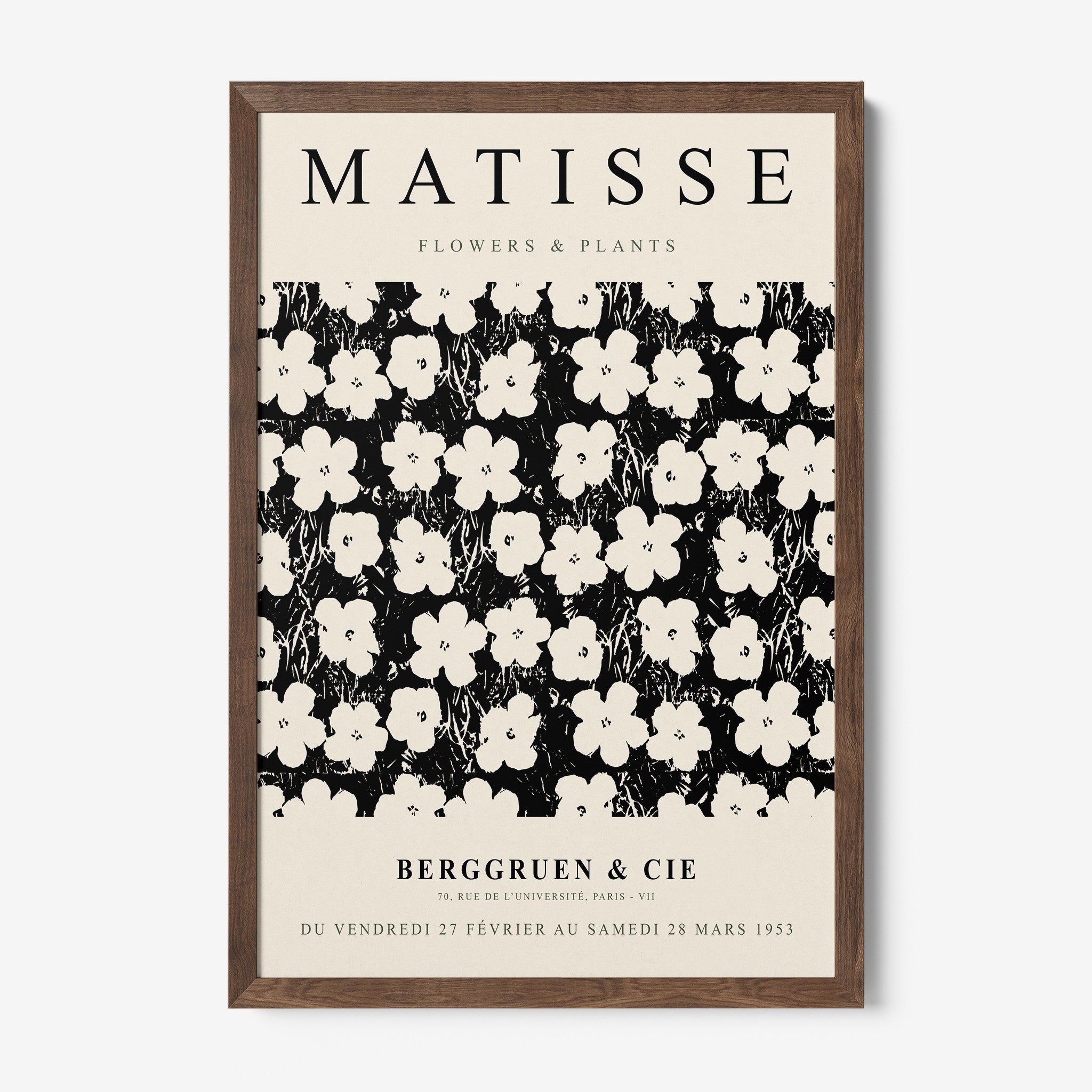 retro style framed wall art featuring floral pattern in black and white with dark wood frame