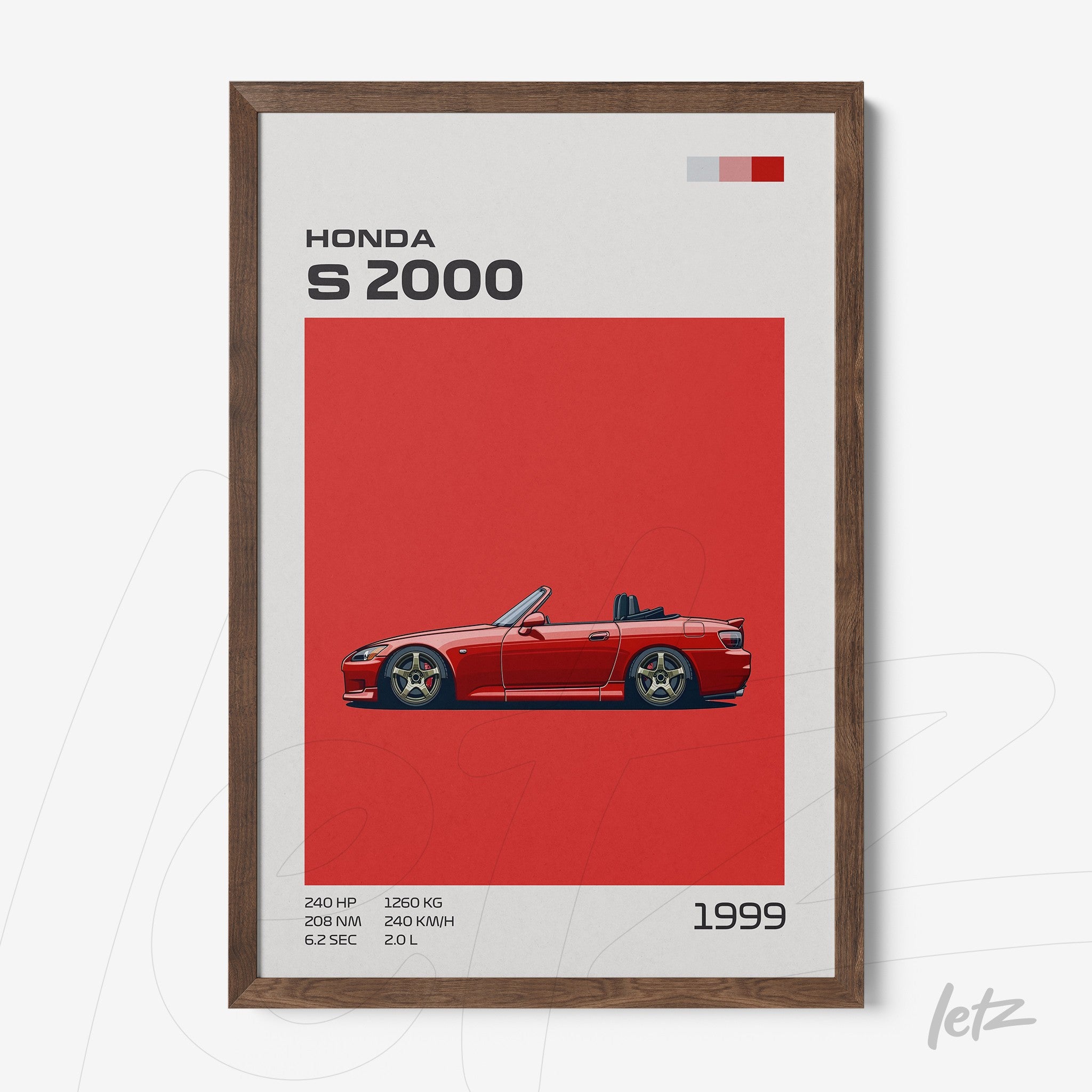 framed artwork featuring the Honda S2000 in vibrant red background with dark wood frame