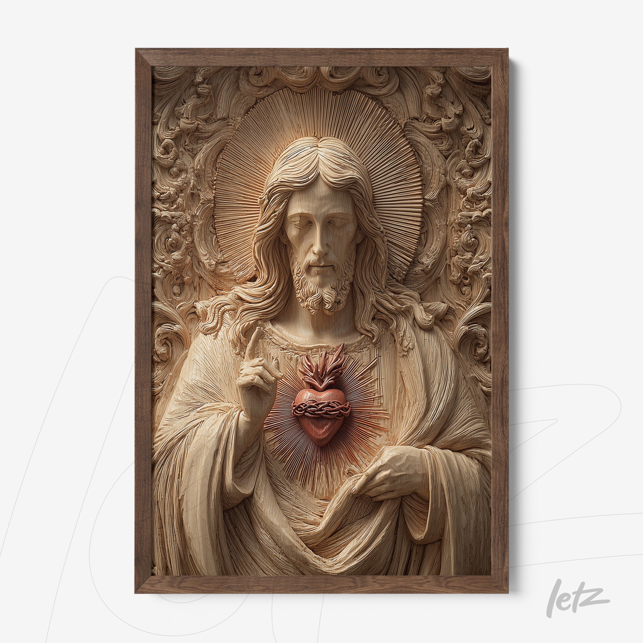 wooden sculpture art of the Sacred Heart of Jesus in a brown frame