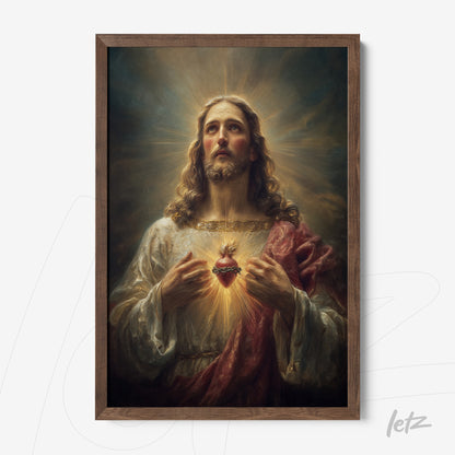 framed religious artwork depicting jesus with an exposed heart, light wood frame and dramatic background