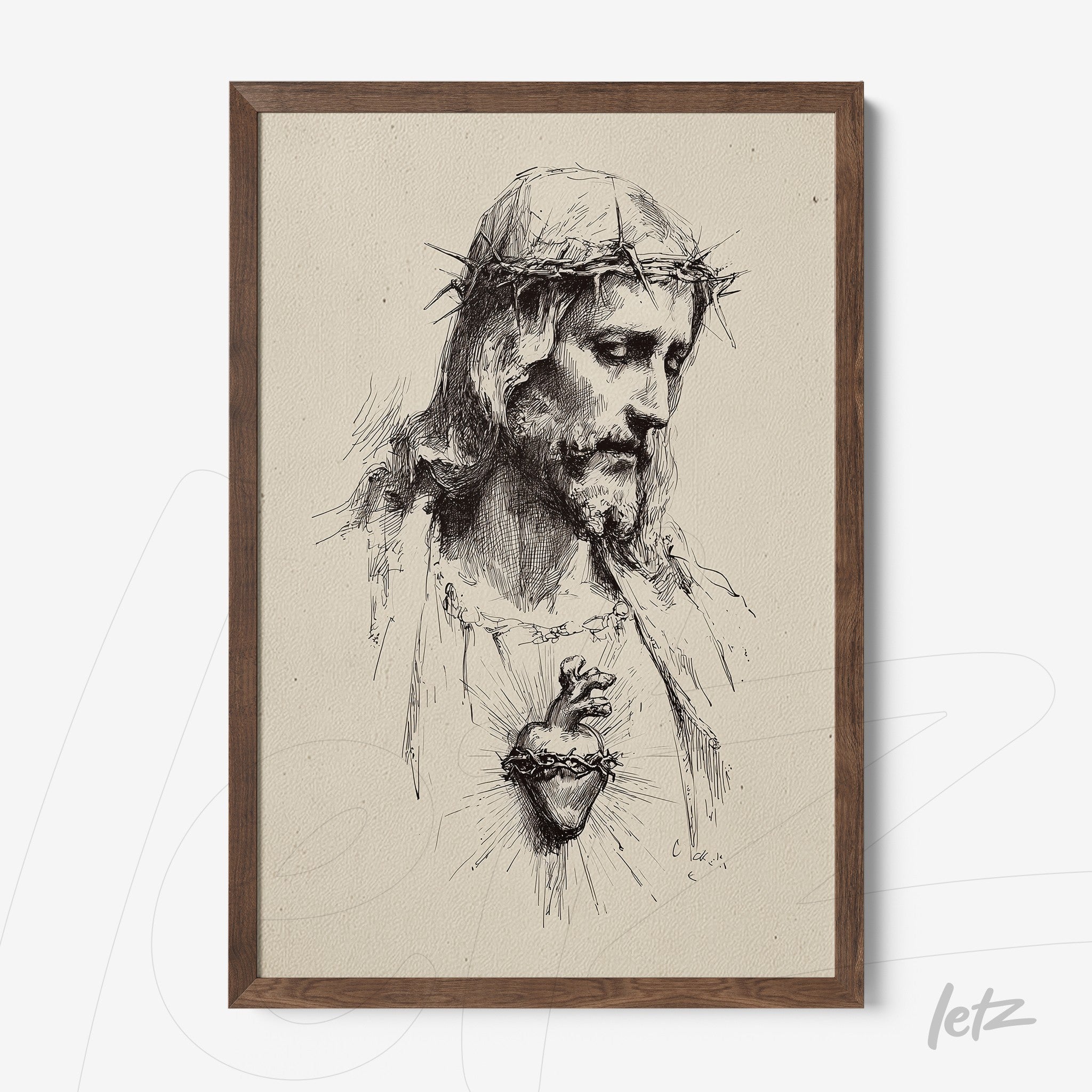 framed wall art with detailed illustration of sacred image of Jesus with thorns and exposed heart