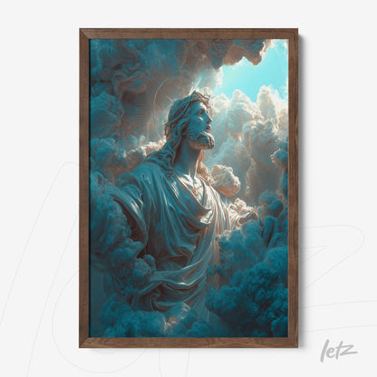 framed art featuring jesus emerging from blue clouds with dark wood frame