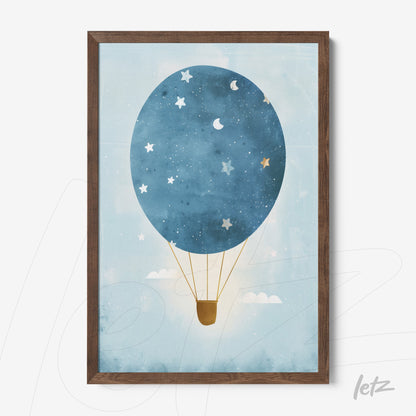 framed illustration of a blue hot air balloon with stars and moon against a light blue background, dark wood frame