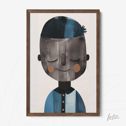 framed artwork featuring a stylized illustration of a smiling child with a light background and dark wooden frame