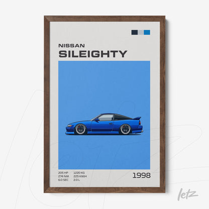 framed wall art featuring a vector illustration of a Nissan Sil80 sports car on a vibrant blue background with dark wood frame