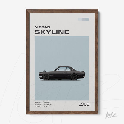 framed minimalist art of 1969 Nissan Skyline with dark wooden frame